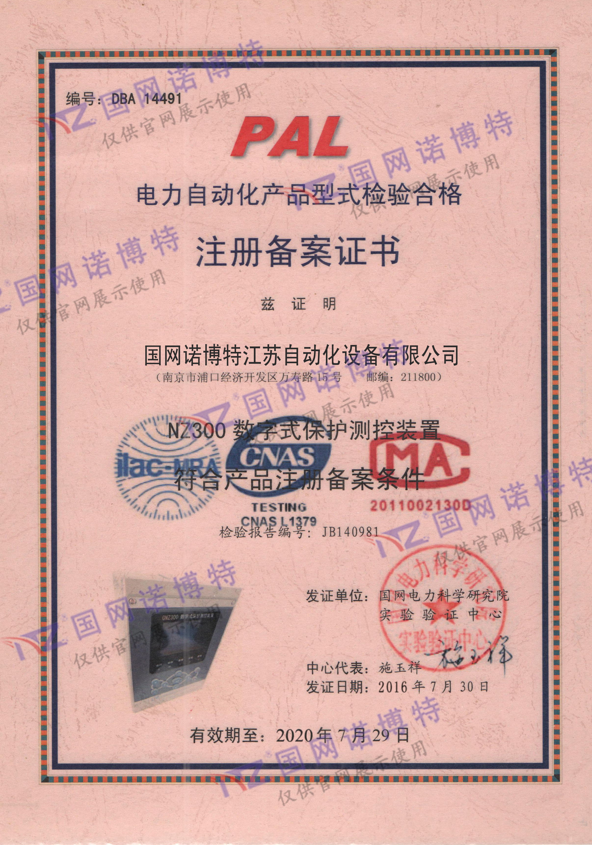 2020年-NZ300 PAL 證書(shū)